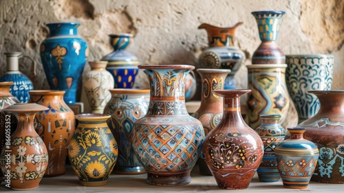 Ornate colorful pottery vase among assorted vases table and wall