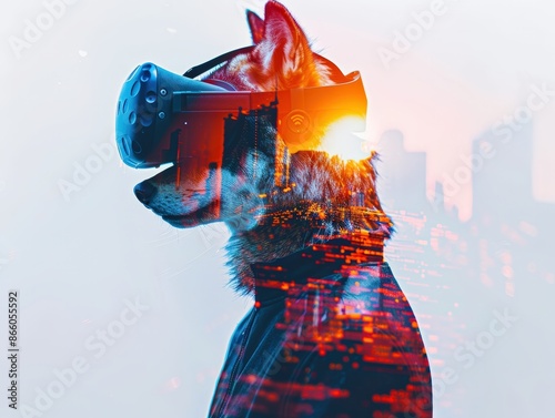 Surreal image of a dog wearing a VR headset with a futuristic cityscape overlay, blending animal and technology themes. photo