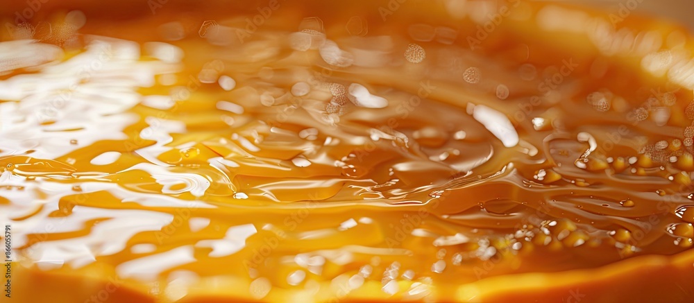 A detailed image showing caramel topping a tasty flan cake, with ample copy space for text or graphics. A detailed image showing caramel topping a tasty flan cake, with ample copy space for text or graphics.