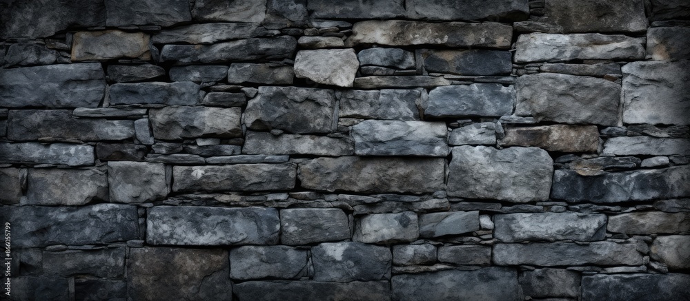 Frontal view of a dark stone wall texture with an aged, cracked, and grungy appearance, providing a background with empty copy space image. Frontal view of a dark stone wall texture with an aged, cracked, and grungy appearance, providing a background with empty copy space image.