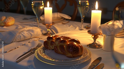 Shabbat Shalom. Festive Table Setting with Challah Bread and Candles