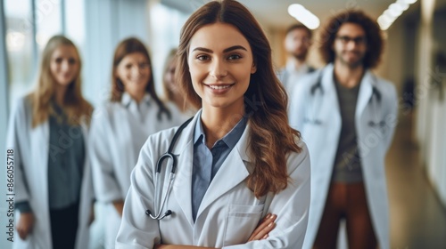 A young female doctor is standing in a hospital corridor