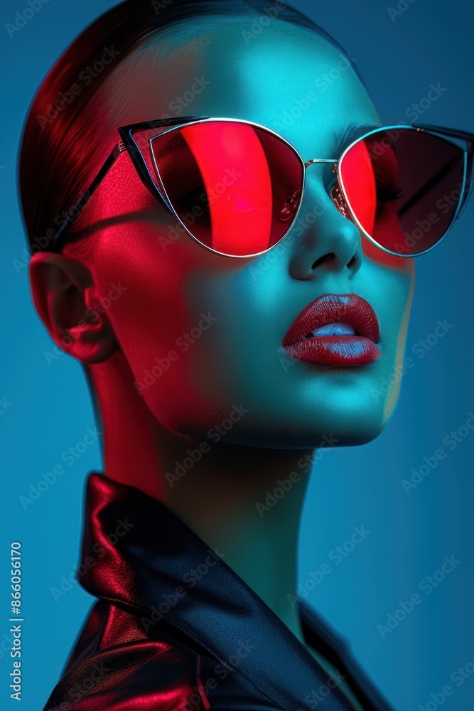 Woman Wearing Red Sunglasses Under Blue and Red Lights Woman Wearing Red Sunglasses Under Blue and Red Lights