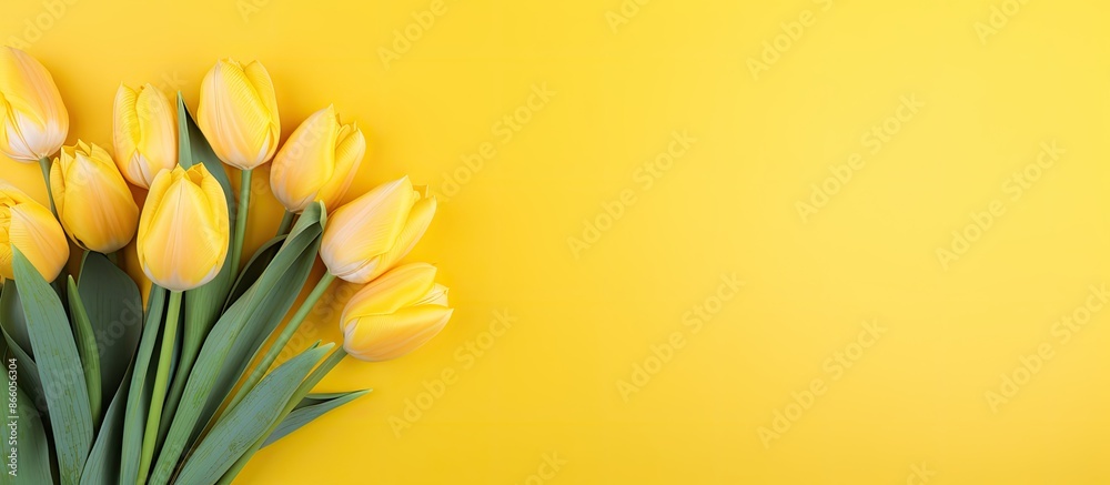 A spring bouquet of yellow tulips set against a yellow backdrop, providing ample copy space image. A spring bouquet of yellow tulips set against a yellow backdrop, providing ample copy space image.