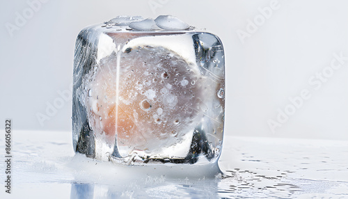 Cryopreservation of genetic material. Ovum in ice cube on white background photo