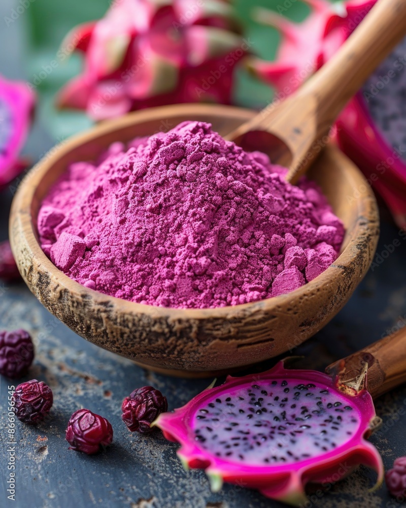pink matcha powder with cut dragon fruit on dark background. health lifestyle and nutrition concept. pink matcha powder with cut dragon fruit on dark background. health lifestyle and nutrition concept.
