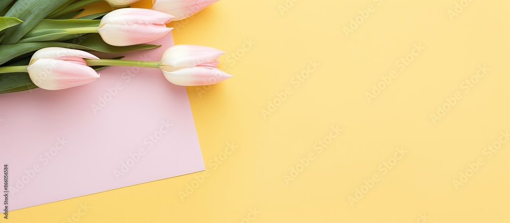 A romantic Mother's Day concept with white envelope and yellow tulips on a pink background, ideal for creating a warm, celebratory copy space image. A romantic Mother's Day concept with white envelope and yellow tulips on a pink background, ideal for creating a warm, celebratory copy space image.
