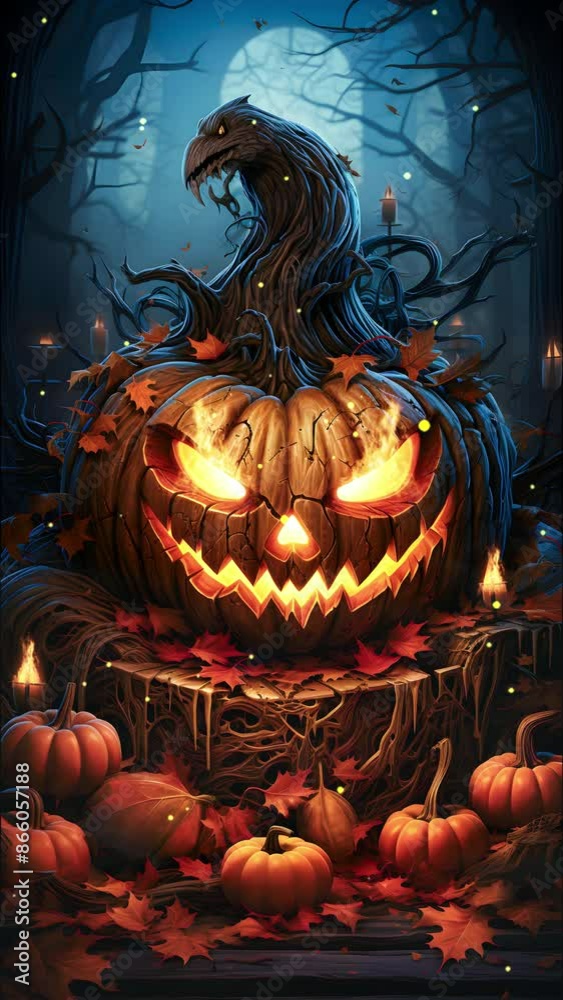 Halloween background with evil pumpkin and candles in spooky environment. Banner background concept for Halloween holiday event. Halloween background with evil pumpkin and candles in spooky environment. Banner background concept for Halloween holiday event.