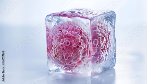 Cryopreservation of genetic material. Ovum in ice cube on white background photo