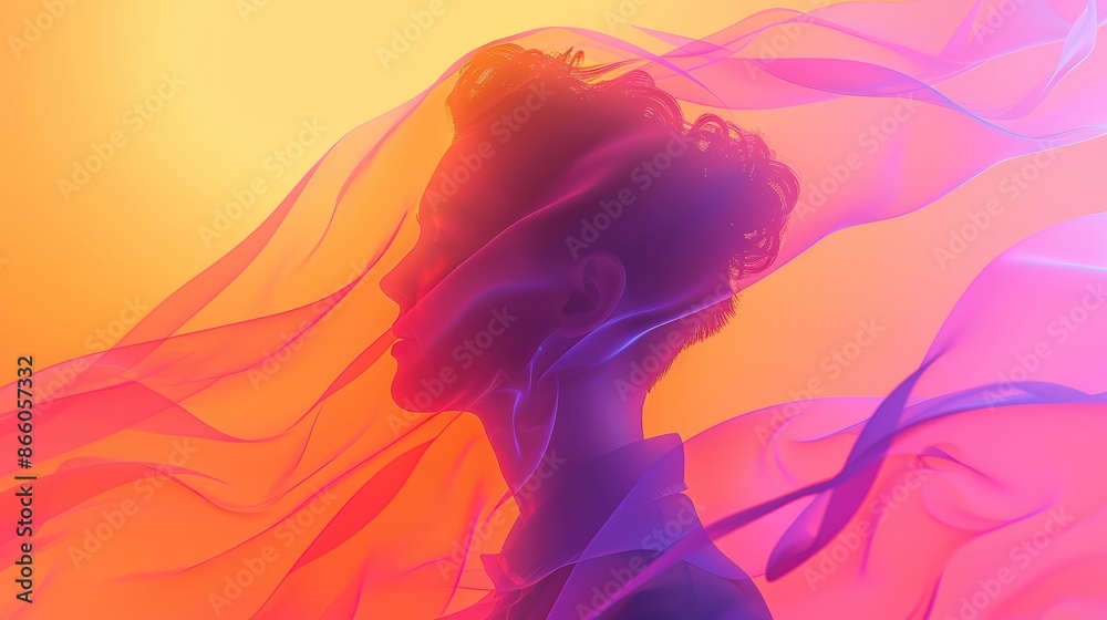 Surreal profile silhouette of a person with colorful flowing ribbons, evoking a dreamlike and ethereal atmosphere. Surreal profile silhouette of a person with colorful flowing ribbons, evoking a dreamlike and ethereal atmosphere.