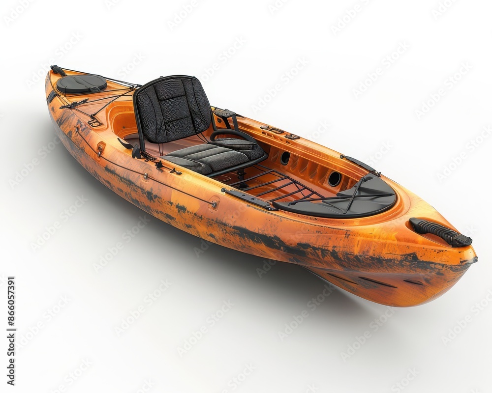 A small orange kayak with a black seat and a black handle A small orange kayak with a black seat and a black handle