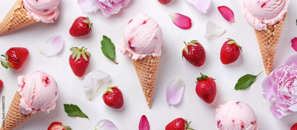 Top view of strawberry and coconut ice cream scoops, cones, and peony flowers on white background. Concept of summer treat Top view of strawberry and coconut ice cream scoops, cones, and peony flowers on white background. Concept of summer treat