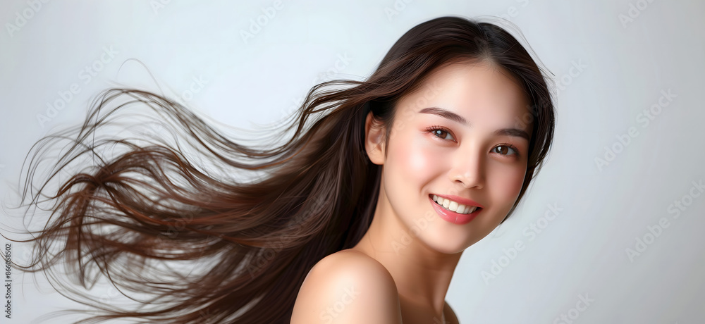 A young woman with a bright smile and beautiful, flowing black hair. Ideal for advertising shampoo, conditioner and cosmetic products. This image emphasizes the beauty and elegance of nature. A young woman with a bright smile and beautiful, flowing black hair. Ideal for advertising shampoo, conditioner and cosmetic products. This image emphasizes the beauty and elegance of nature.