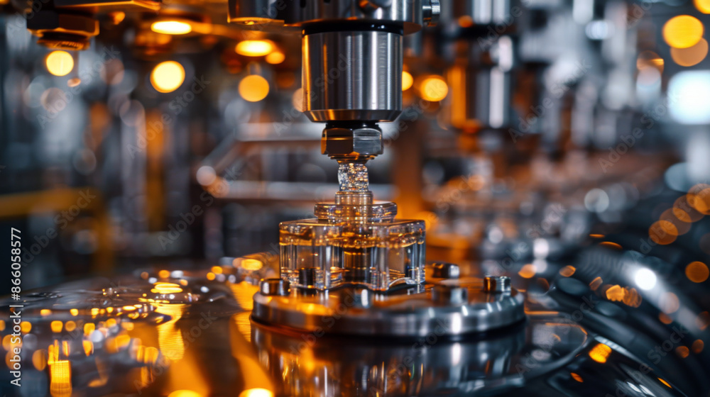 Detailed view of machinery operating on a bottling line, showcasing automation in the industrial packaging process.