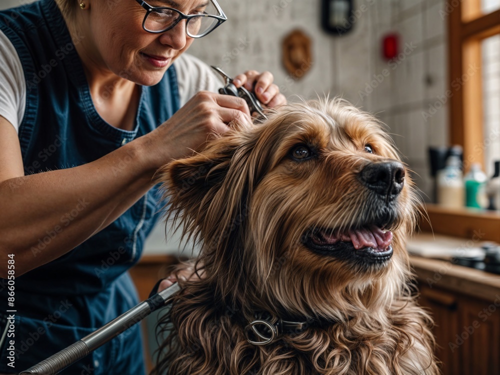 dog being groomed and trimmed, haircut dog being groomed and trimmed, haircut