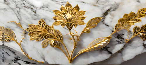 Gilded Floral Motif on White Marble. Generative AI. photo