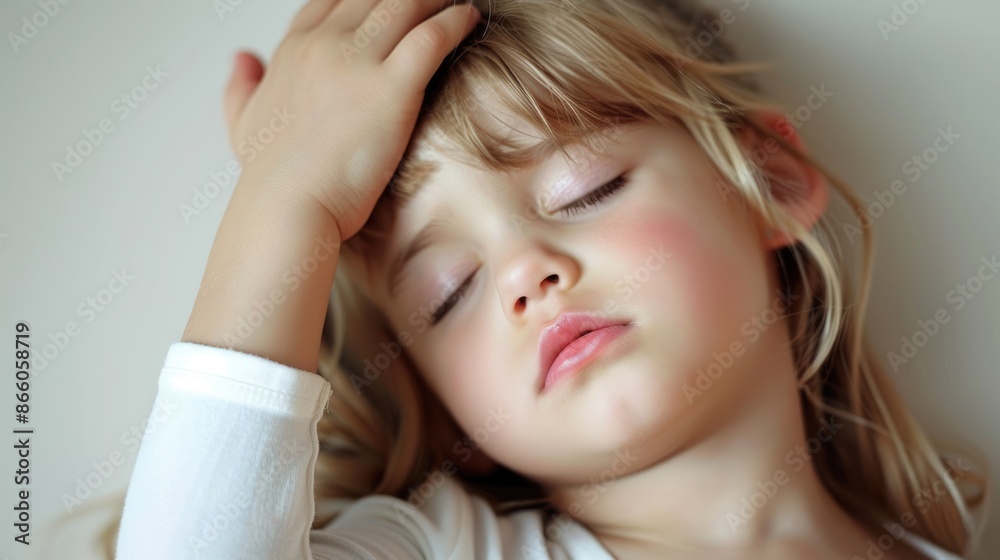 Sleeping Child White Background. Cute girl holding her head, feeling tired and having a headache Sleeping Child White Background. Cute girl holding her head, feeling tired and having a headache