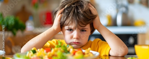 Displeased young boy refusing to eat spoiled food on plate at dining table raising awareness about food poisoning and nutrition education