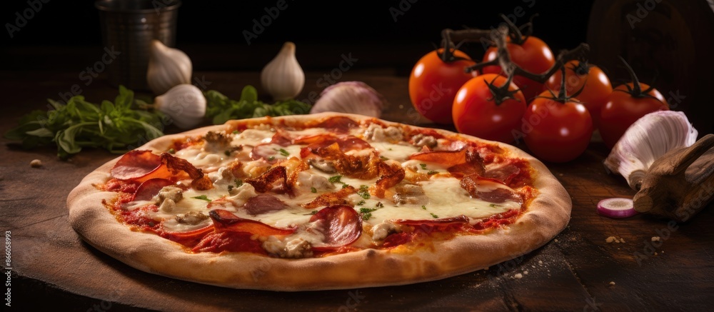New York Style Pizza with marinara sauce, mozzarella, meats, veggies, baked in wood-fired oven, a beloved Italian favorite with a classic touch and copy space image. New York Style Pizza with marinara sauce, mozzarella, meats, veggies, baked in wood-fired oven, a beloved Italian favorite with a classic touch and copy space image.