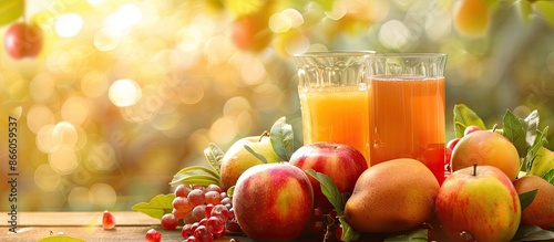Apple juice along with a variety of fruits, presented in an inviting setting with a blank space for an image. with copy space image. Place for adding text or design photo