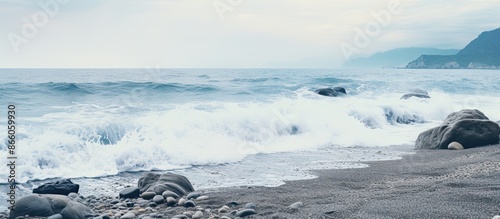Seaside scene with gray roc...