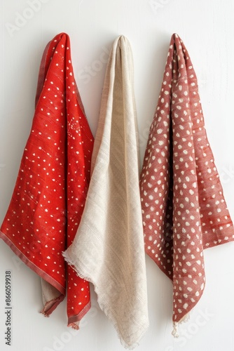 Three towels hanging on a wall, one is red, one is white, and one is red