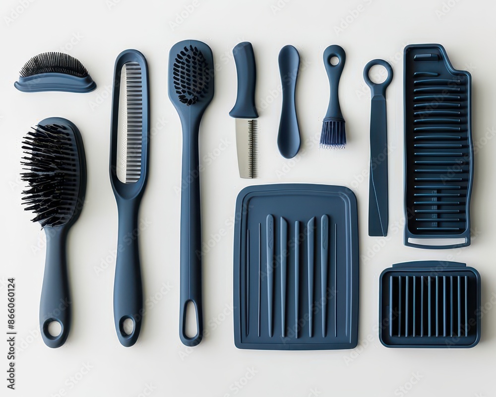 A collection of blue hairbrushes, combs, and other hair care tools A collection of blue hairbrushes, combs, and other hair care tools