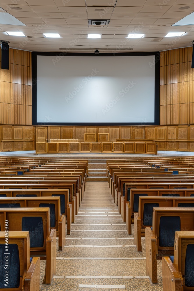 A large auditorium with rows of wooden chairs and a large screen A large auditorium with rows of wooden chairs and a large screen