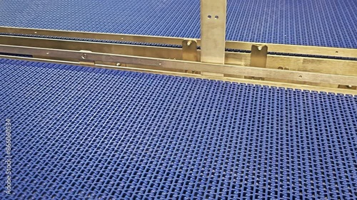 Blue modular belt in industrial conveyor. Transport systems on production lines in food processing plants. photo