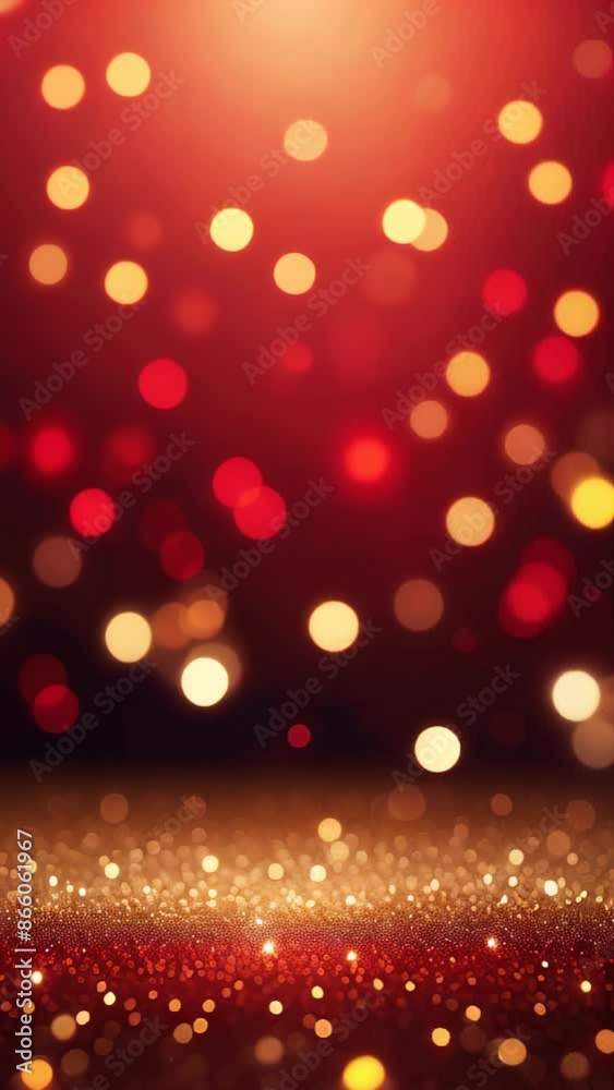 Beautiful red and gold bokeh lights with glitter on a dark background. Perfect for holiday videos, copy space Beautiful red and gold bokeh lights with glitter on a dark background. Perfect for holiday videos, copy space