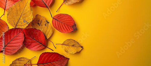 Autumn leaves on a colored ...