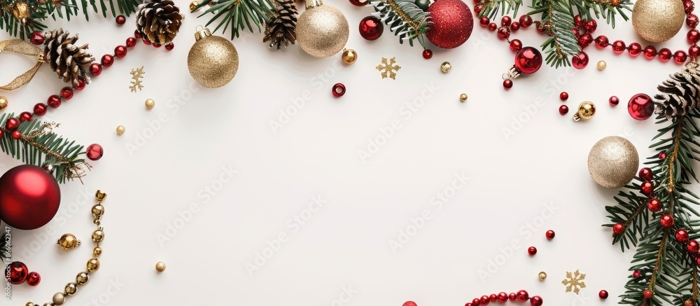 Festive Christmas backdrop with fir branches, New Year's decorations, cones, red and gold ornaments, beads, and ribbons on a white background with copy space image. Festive Christmas backdrop with fir branches, New Year's decorations, cones, red and gold ornaments, beads, and ribbons on a white background with copy space image.