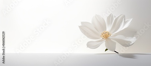 White flower on a white backdrop casting a shadow to the right with copy space image.
