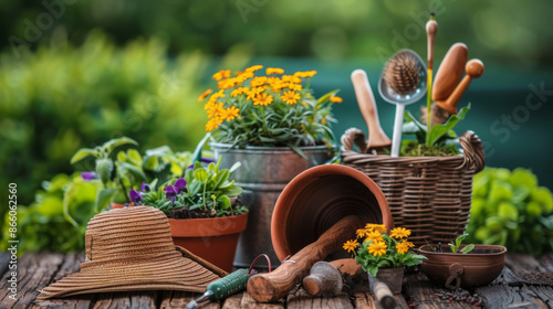 Fototapeta Naklejka Na Ścianę i Meble -  Various gardening tools, potted plants, and flowers on a wooden table in an outdoor garden setting, emphasizing gardening activities.