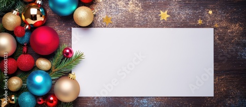 Colorful Christmas decorations and a letter to Santa arranged in a flat lay composition with a copy space image. photo