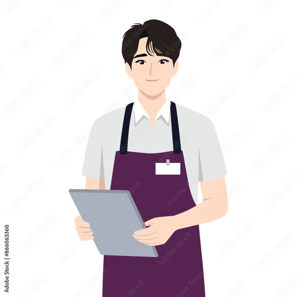 Young man employee in uniform working in Hypermarket. Flat vector illustration isolated on white background Young man employee in uniform working in Hypermarket. Flat vector illustration isolated on white background
