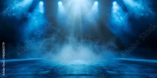 Empty stage with blue spotlights smoke and mist creating an enigmatic atmosphere. Concept Stage Design, Blue Spotlights, Enigmatic Atmosphere, Smoke Effects, Misty Ambiance