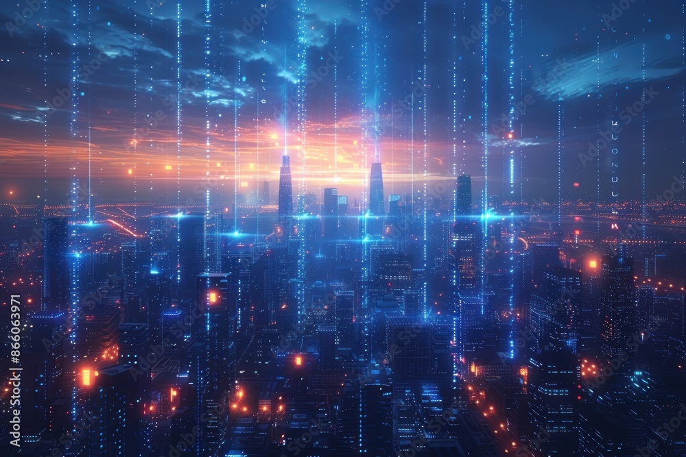 Futuristic Cityscape with Digital Rain