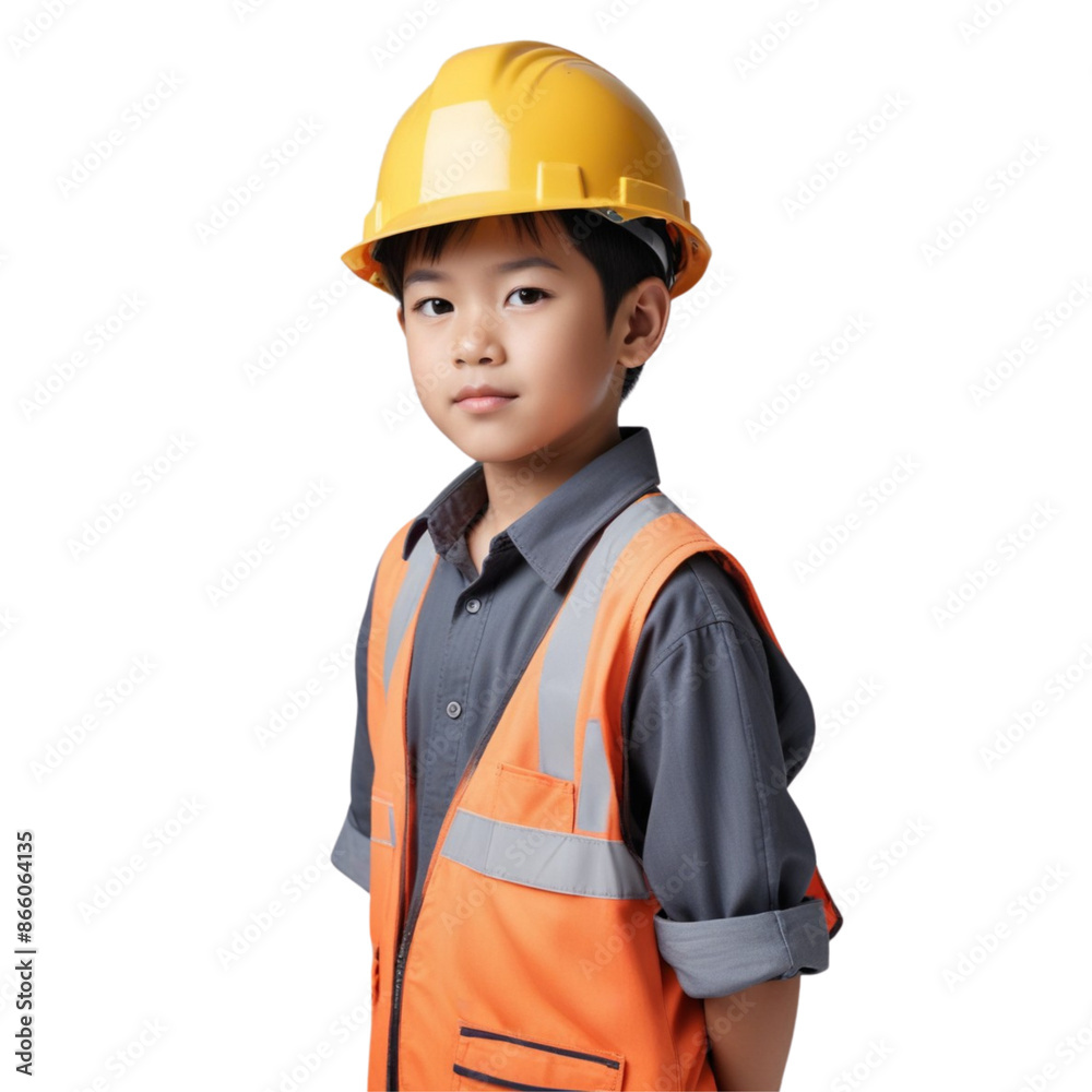 Portrait of an Asian little worker kid posing on Isolated transparent background png. generated with AI