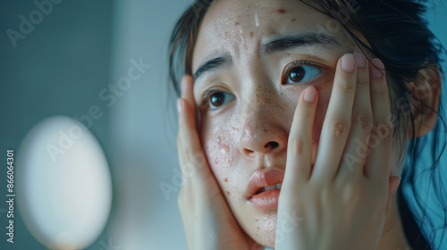 Dermatology, expression face worry asian young woman looking mirror hand touch facial at dark spot of melasma, freckles from pigment melanin, allergy sun. Beauty care, skin problem treatment, skincare