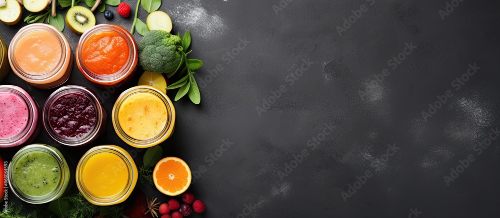 Top view image of various juices in mason jars, surrounded by fresh ingredients on a grey background with a designated area for text or other content. with copy space image Top view image of various juices in mason jars, surrounded by fresh ingredients on a grey background with a designated area for text or other content. with copy space image