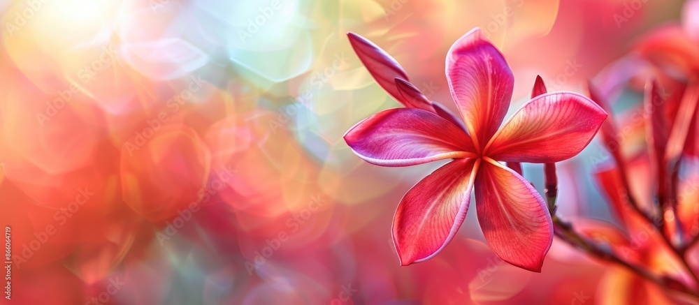 Stunning red plumeria rubra flower with a beautiful, vibrant appearance in focus in a copy space image. Stunning red plumeria rubra flower with a beautiful, vibrant appearance in focus in a copy space image.