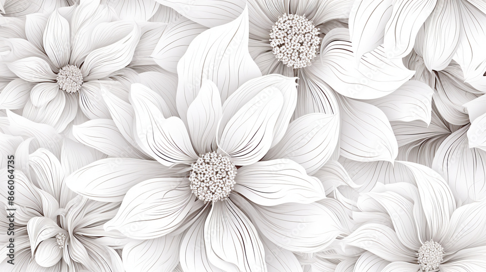 white flower background, simple line art, floral patterns, seamless patterns, large flowers
