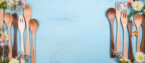Wooden utensils on blue flo...