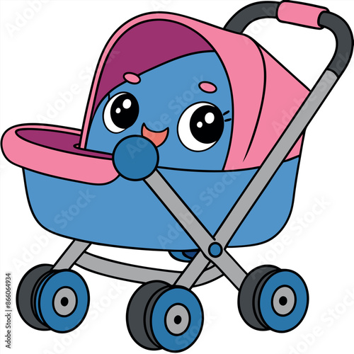 Cartoon illustration of a baby carriage with a red perambulator in front and a child pram standing
