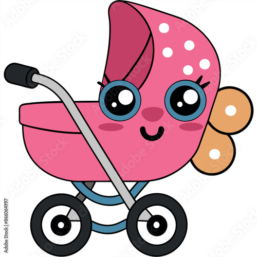Cartoon illustration of a baby carriage with a red perambulator in front and a child pram standing
