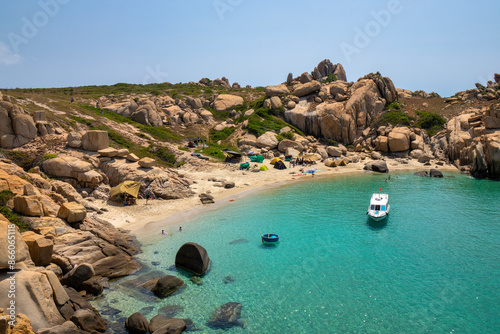 A beautiful small arc-shaped beach on Cu Lao Cau (Hon Cau island), Tuy Phong, Binh Thuan, Vietnam