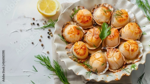 Tasty fried scallops in a dish presented on a white tabletop Suitable for adding text photo