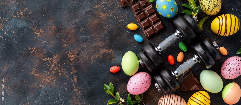 Gym dumbbells, Easter eggs, chocolate candies and boxwood branches. Healthy diet choice concept. Fitness workout flat lay with copy space. Copy space image. Place for adding text or design