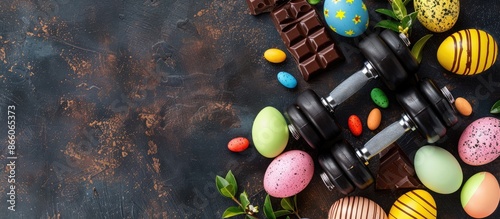 Obraz na płótnie Gym dumbbells, Easter eggs, chocolate candies and boxwood branches. Healthy diet choice concept. Fitness workout flat lay with copy space. Copy space image. Place for adding text or design w salonie